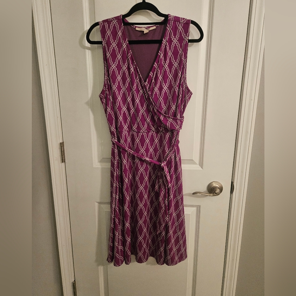 41 HAWTHORN Purple & Gray Print Sleeveless Tie Belt Faux Wrap Dress